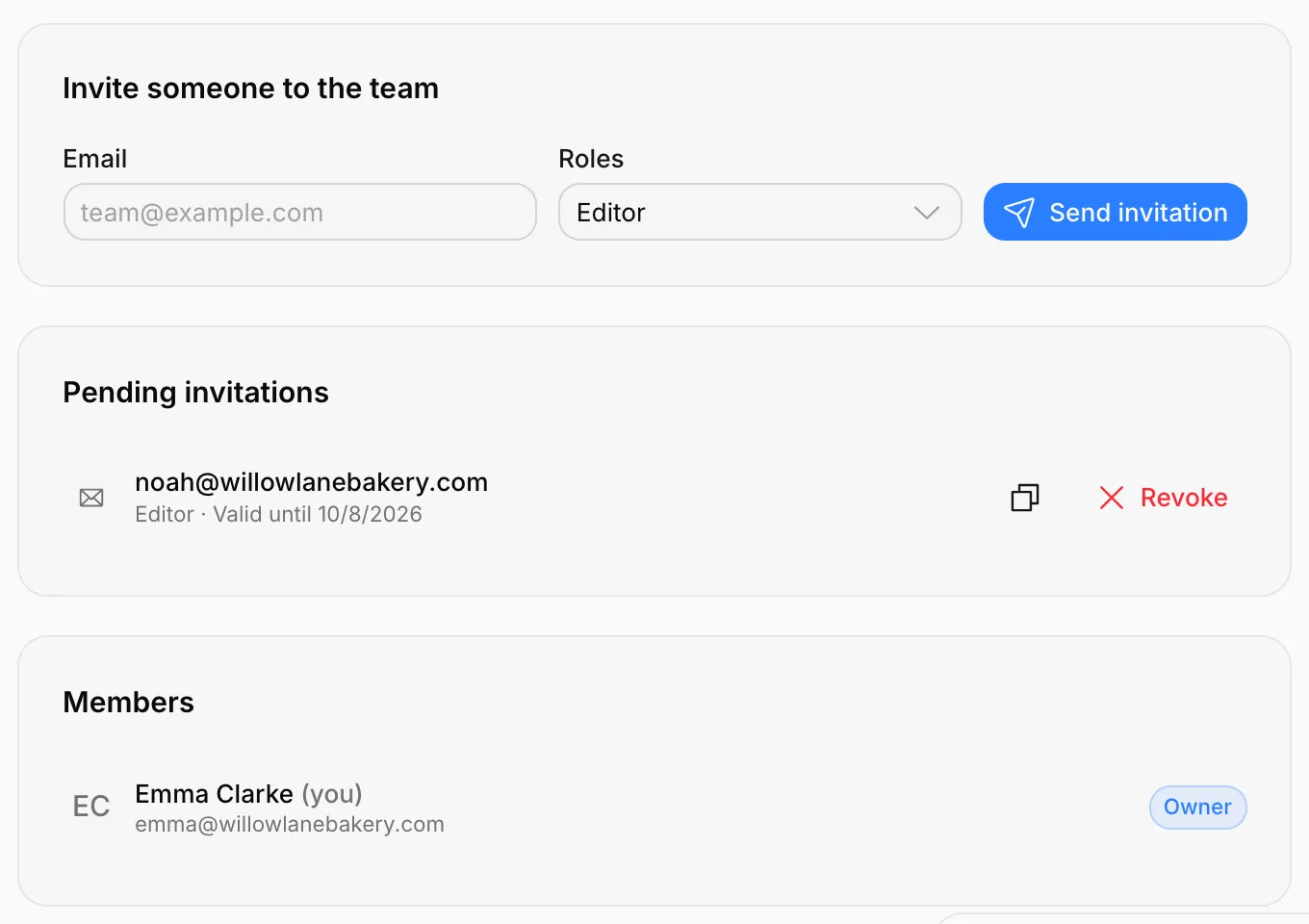 The Members tab: the invitation form, pending invitations and members