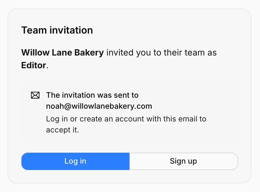 The invitation page: Willow Lane Bakery invited you to their team
