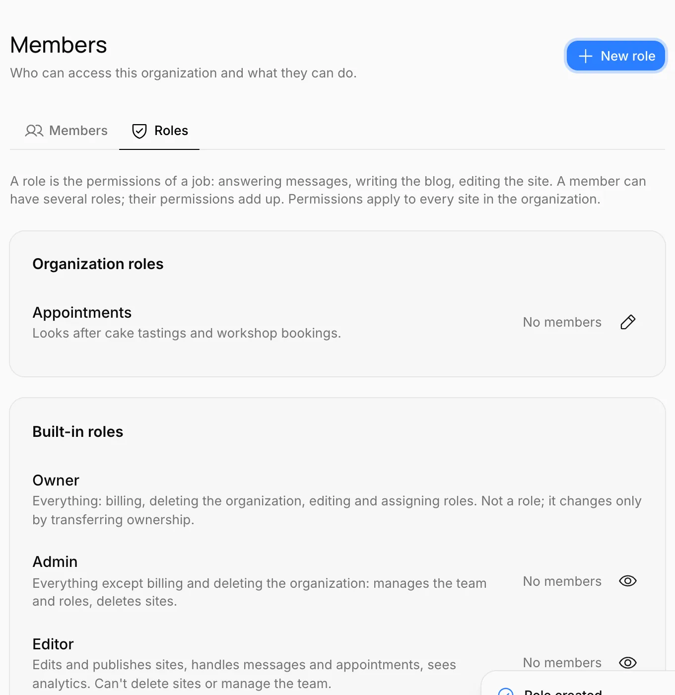 The Roles tab: organization roles and built-in roles
