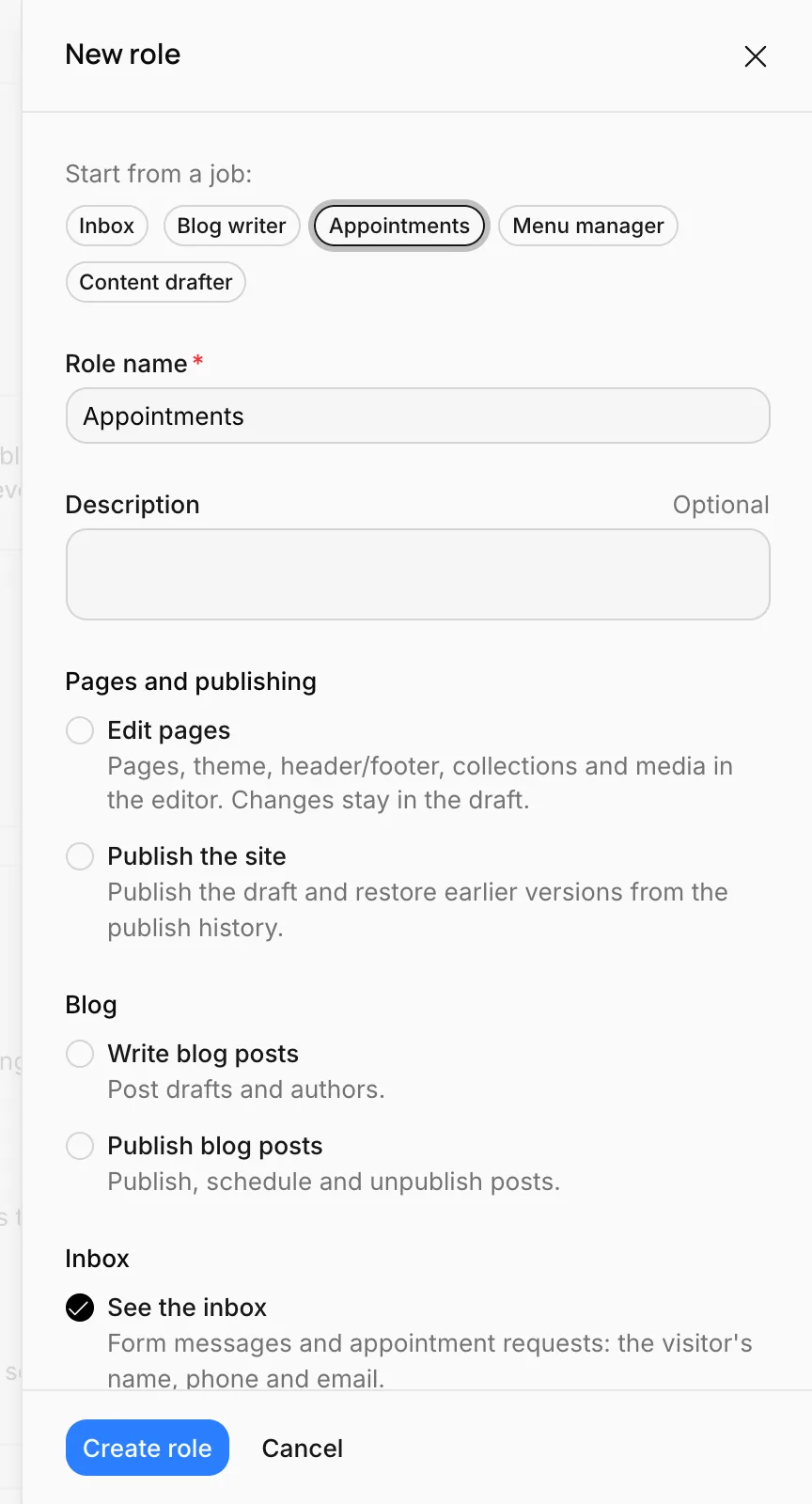 The New role panel: job templates, role name and permissions