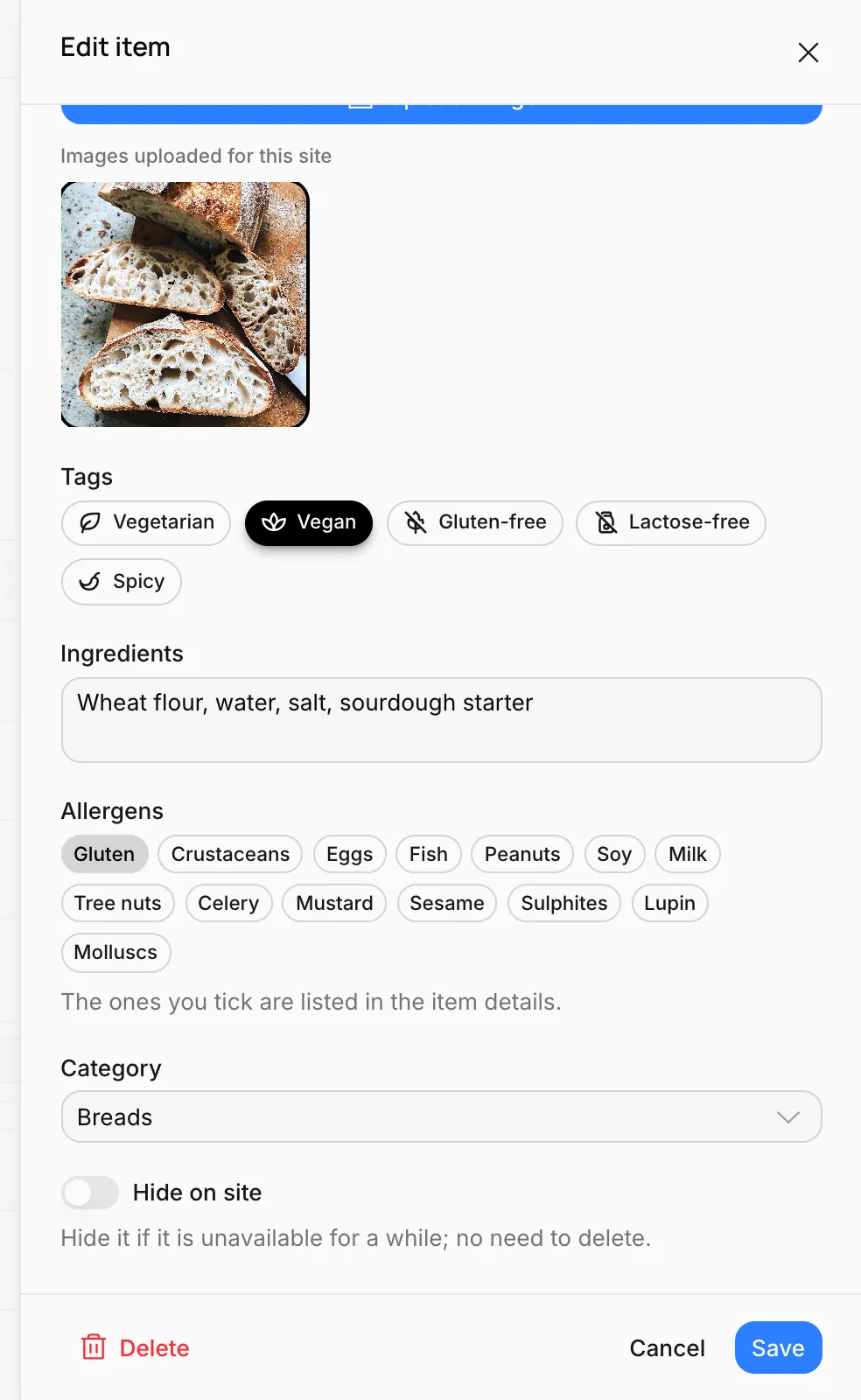 The Edit item panel: image, tags, ingredients and allergens
