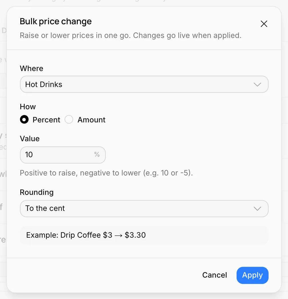 The Bulk price change window