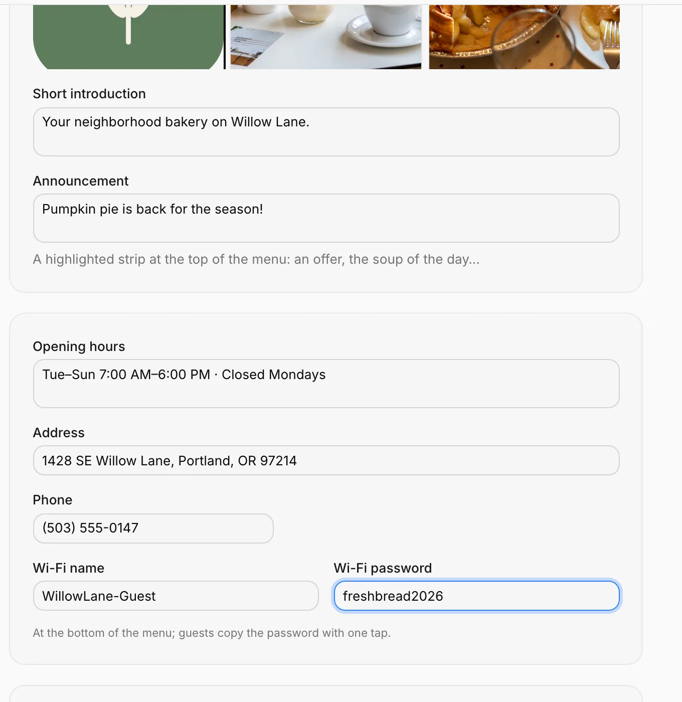The Details tab: opening hours, address, phone and Wi-Fi