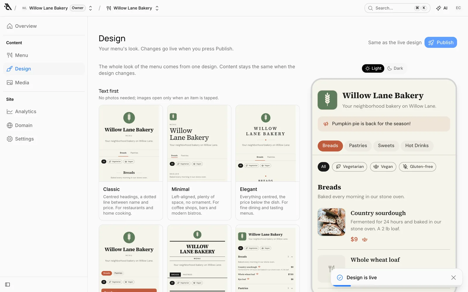 The Design screen: design options and the phone preview