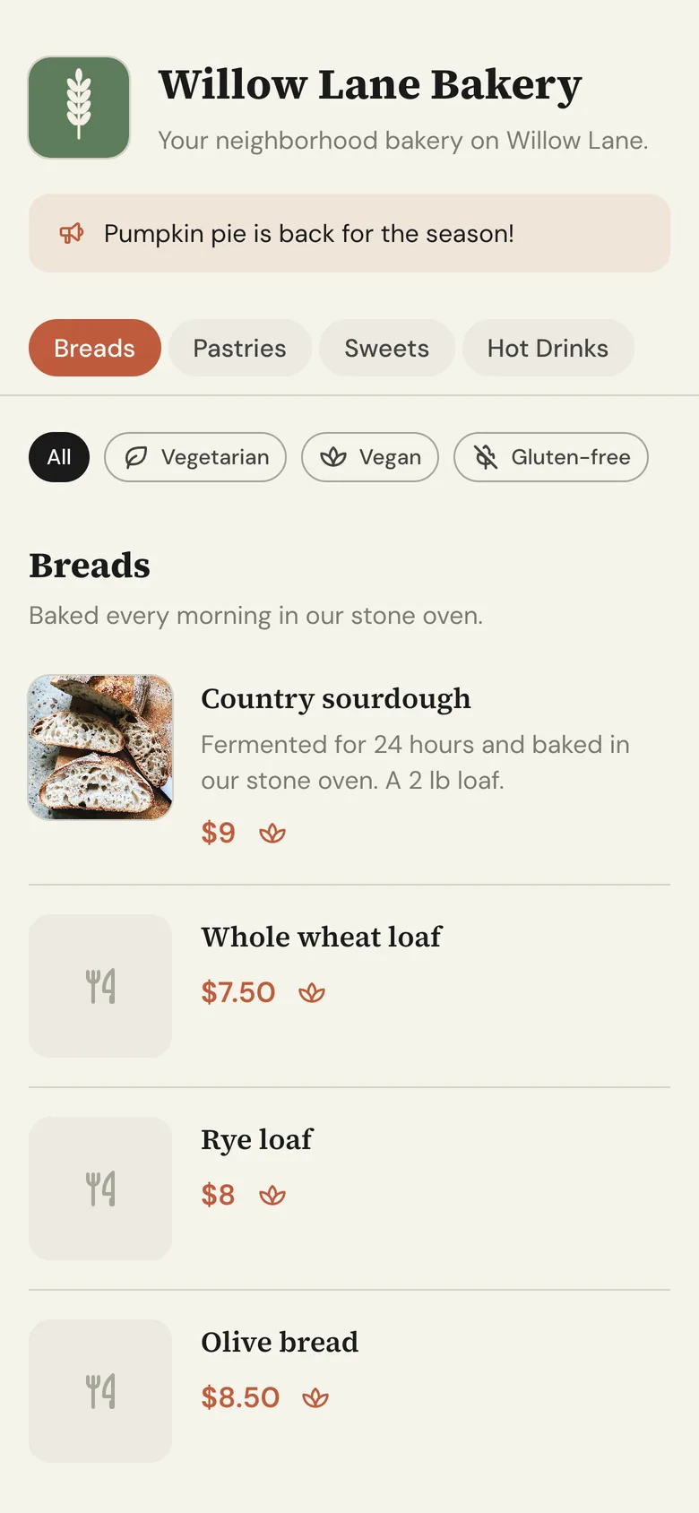 The menu on a phone