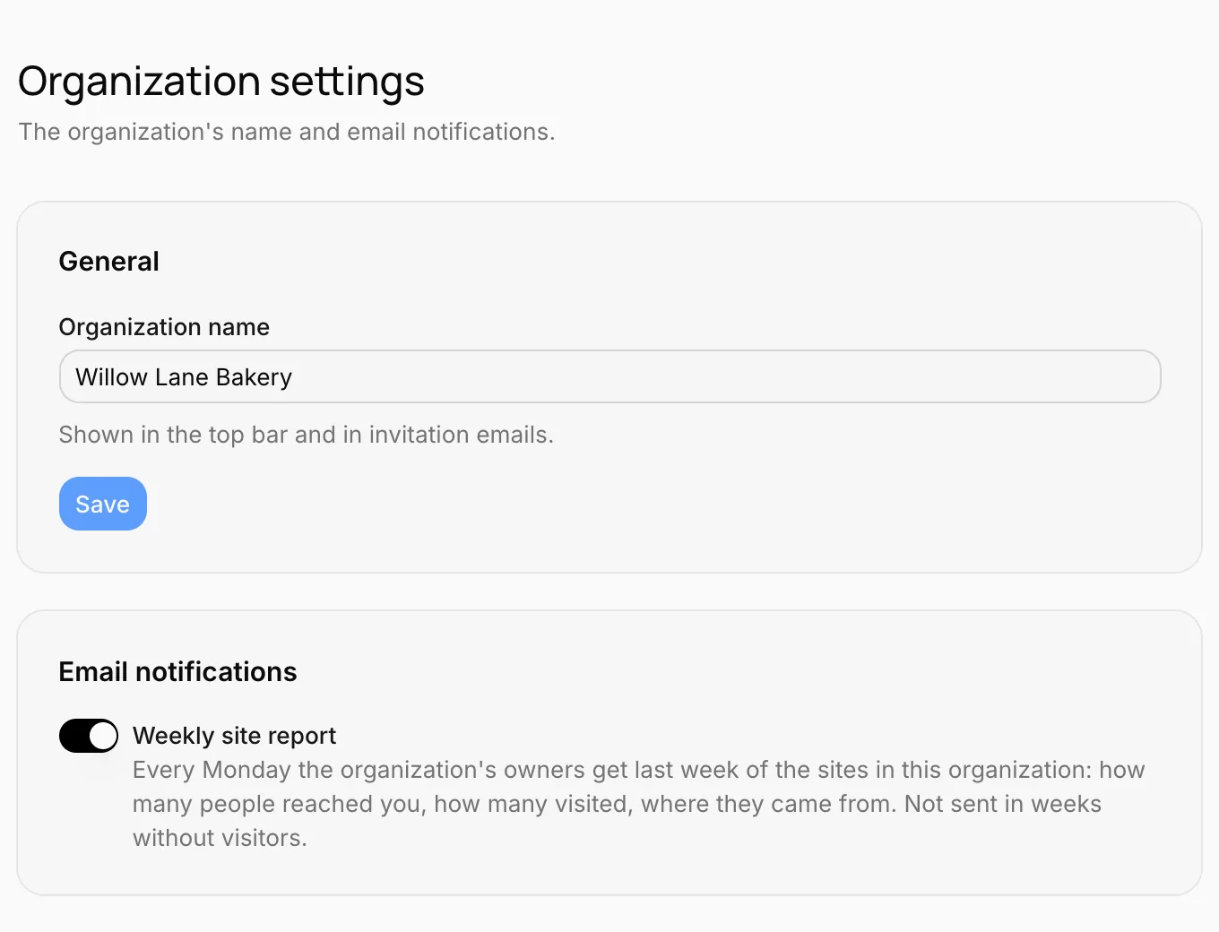 Organization settings: General and Email notifications