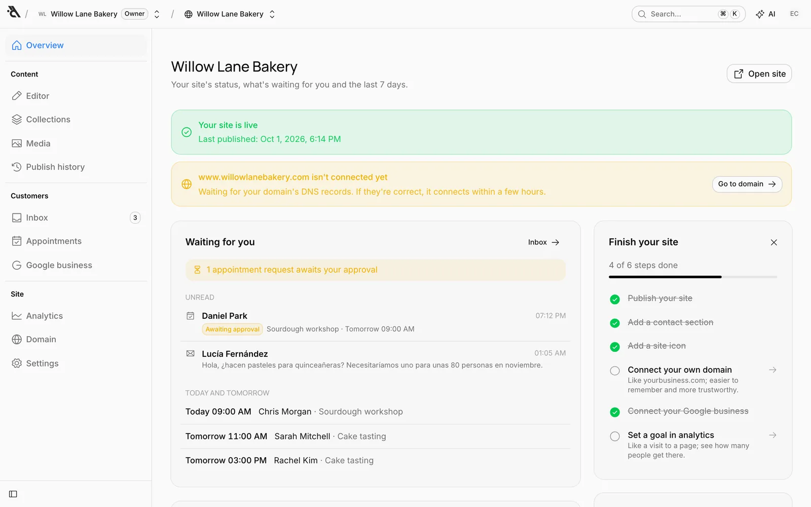 The Overview: status banner, Waiting for you and Finish your site
