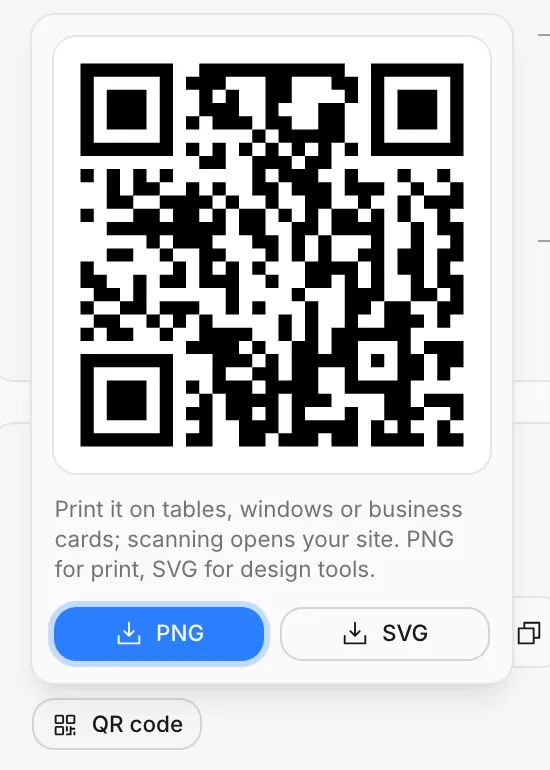 The QR code: PNG and SVG download buttons