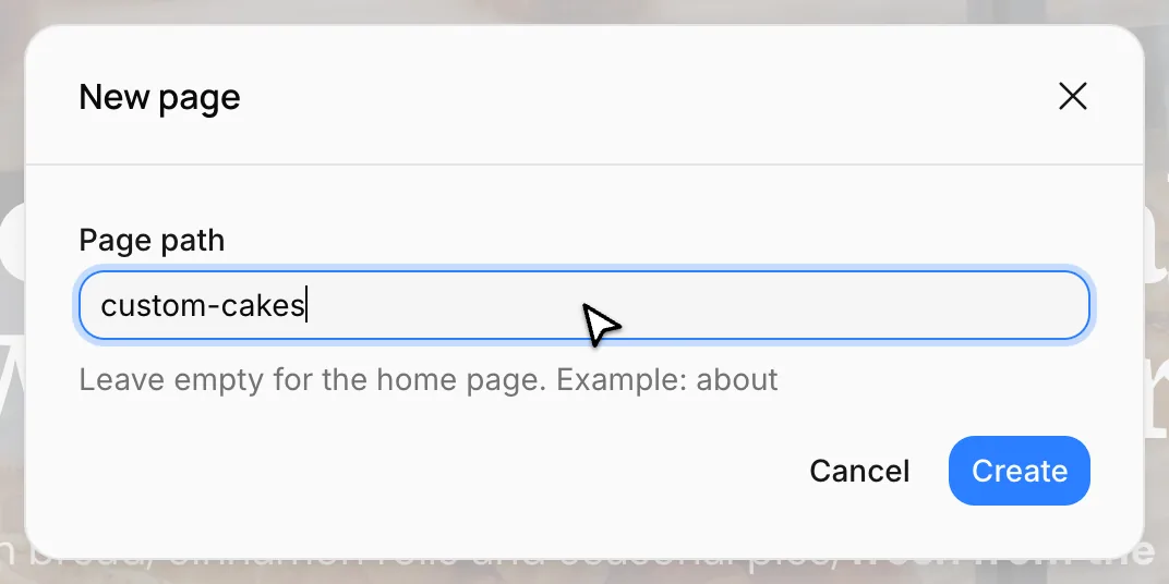 The New page window: page path custom-cakes