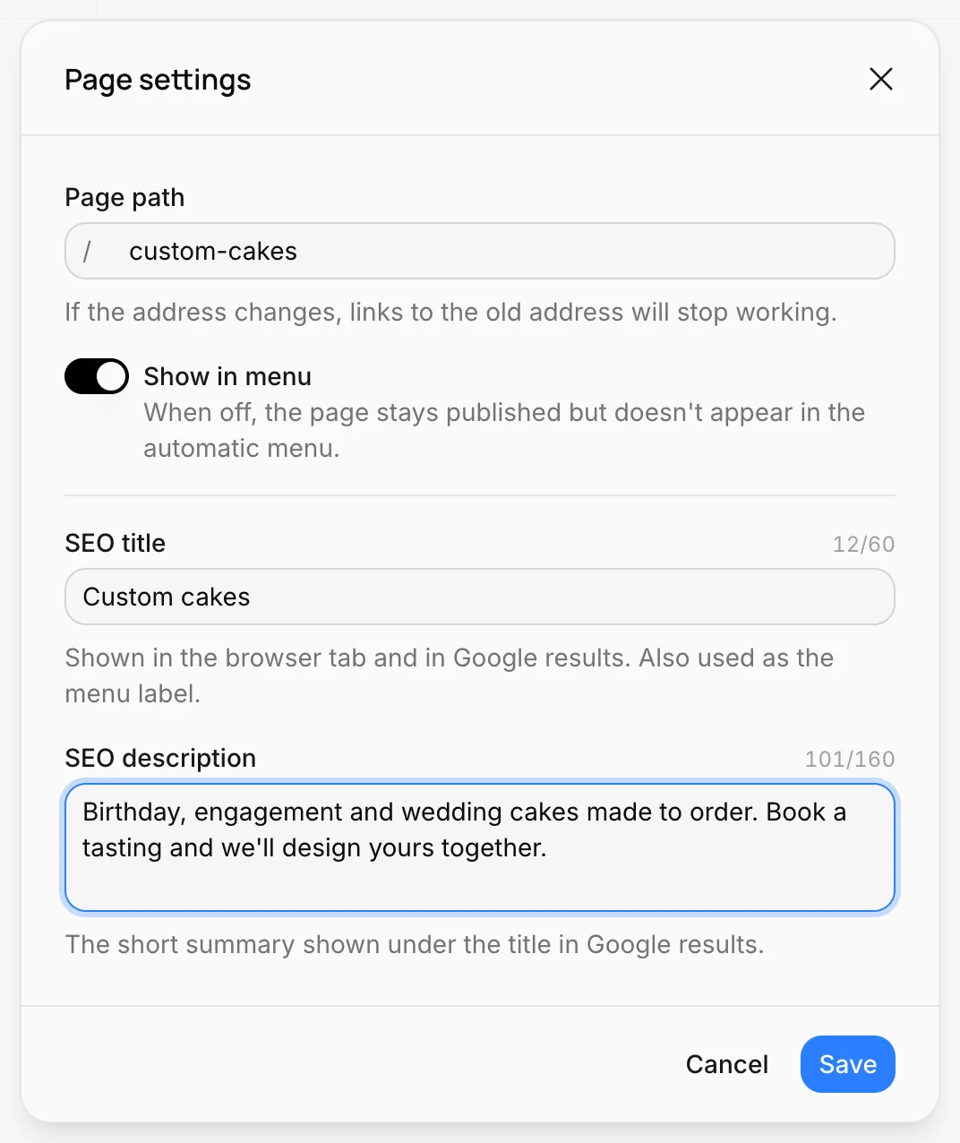 Page settings: Page path, Show in menu, SEO title and SEO description