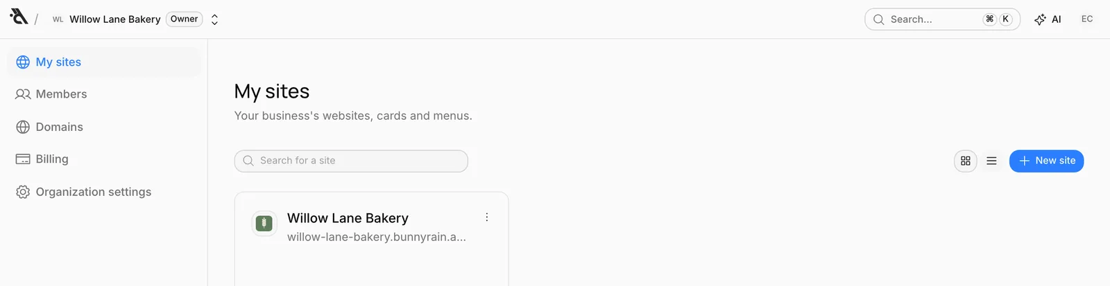 The My sites screen: a site card, the search box and the New site button