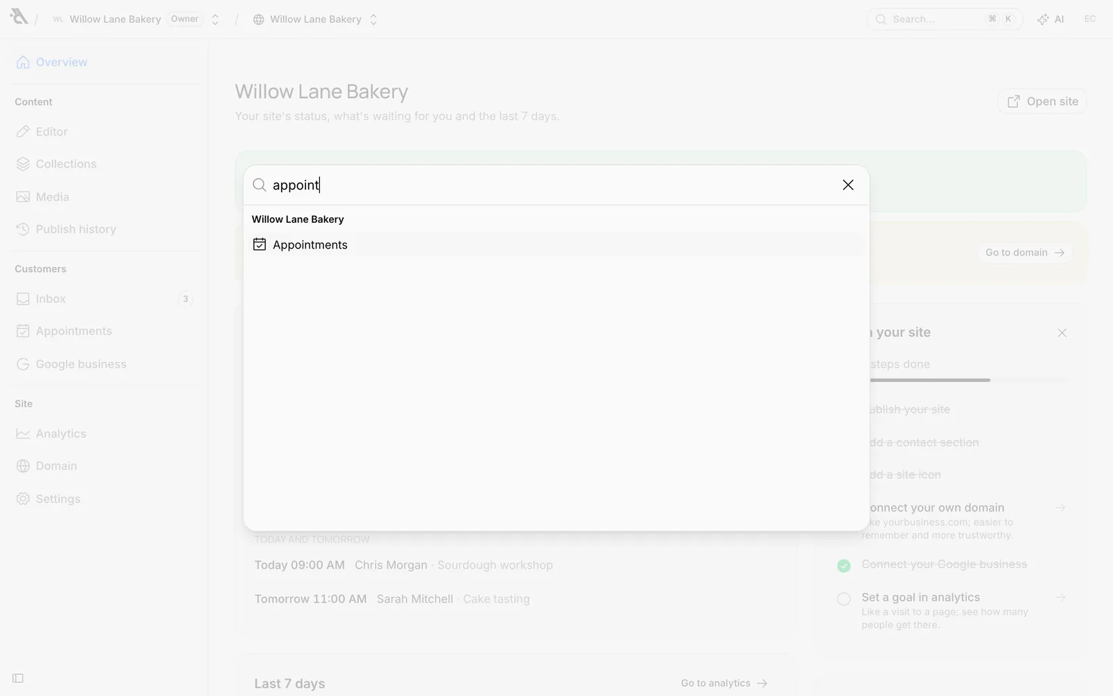 The search window: typing "appoin" finds Appointments