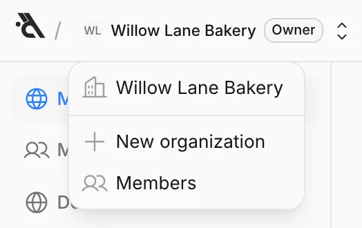 The organization switcher: Willow Lane Bakery, New organization and Members