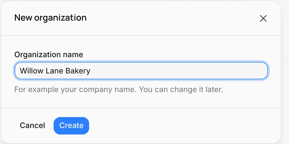 The New organization window