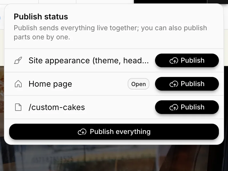 The Publish status menu: Site appearance, Home page, /custom-cakes and Publish everything