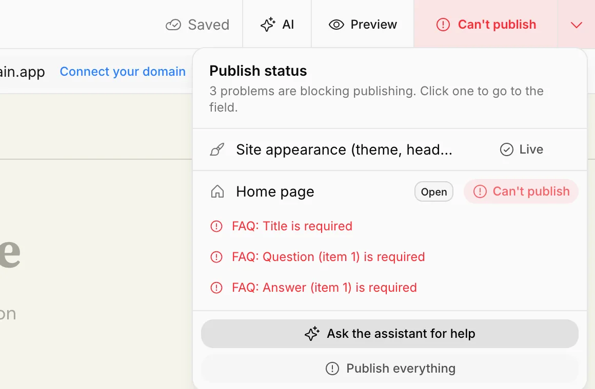 Can't publish: three problems on the home page in the menu and the Ask the assistant for help button