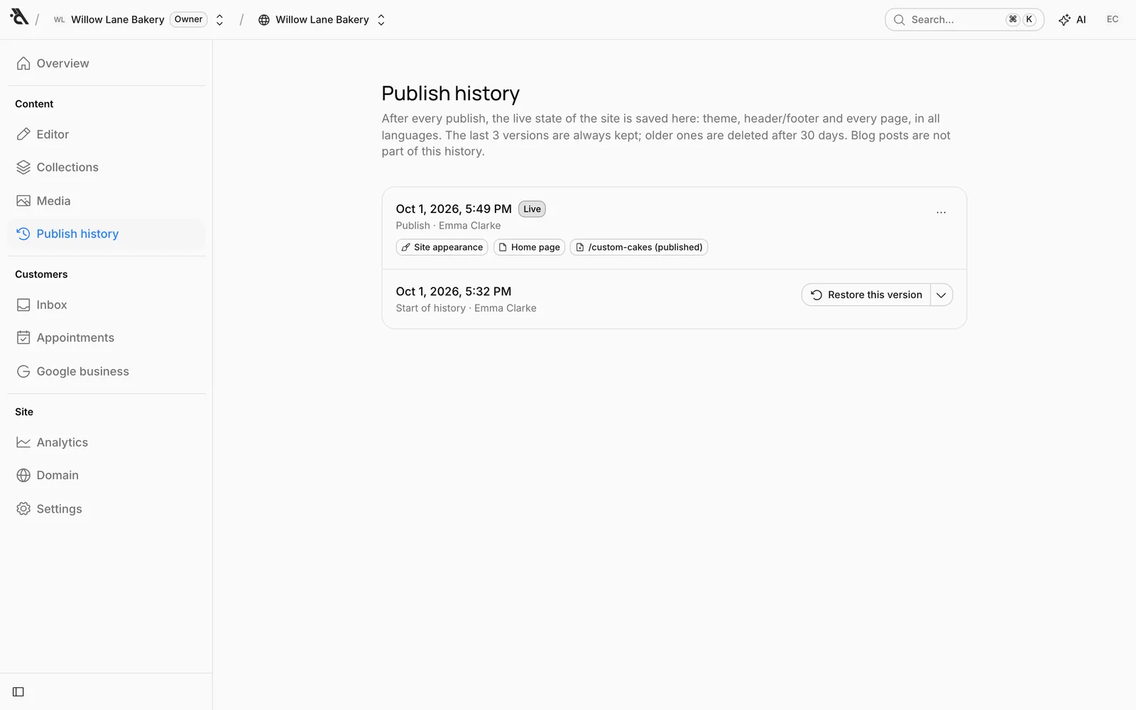 Publish history: two versions, the top one Live