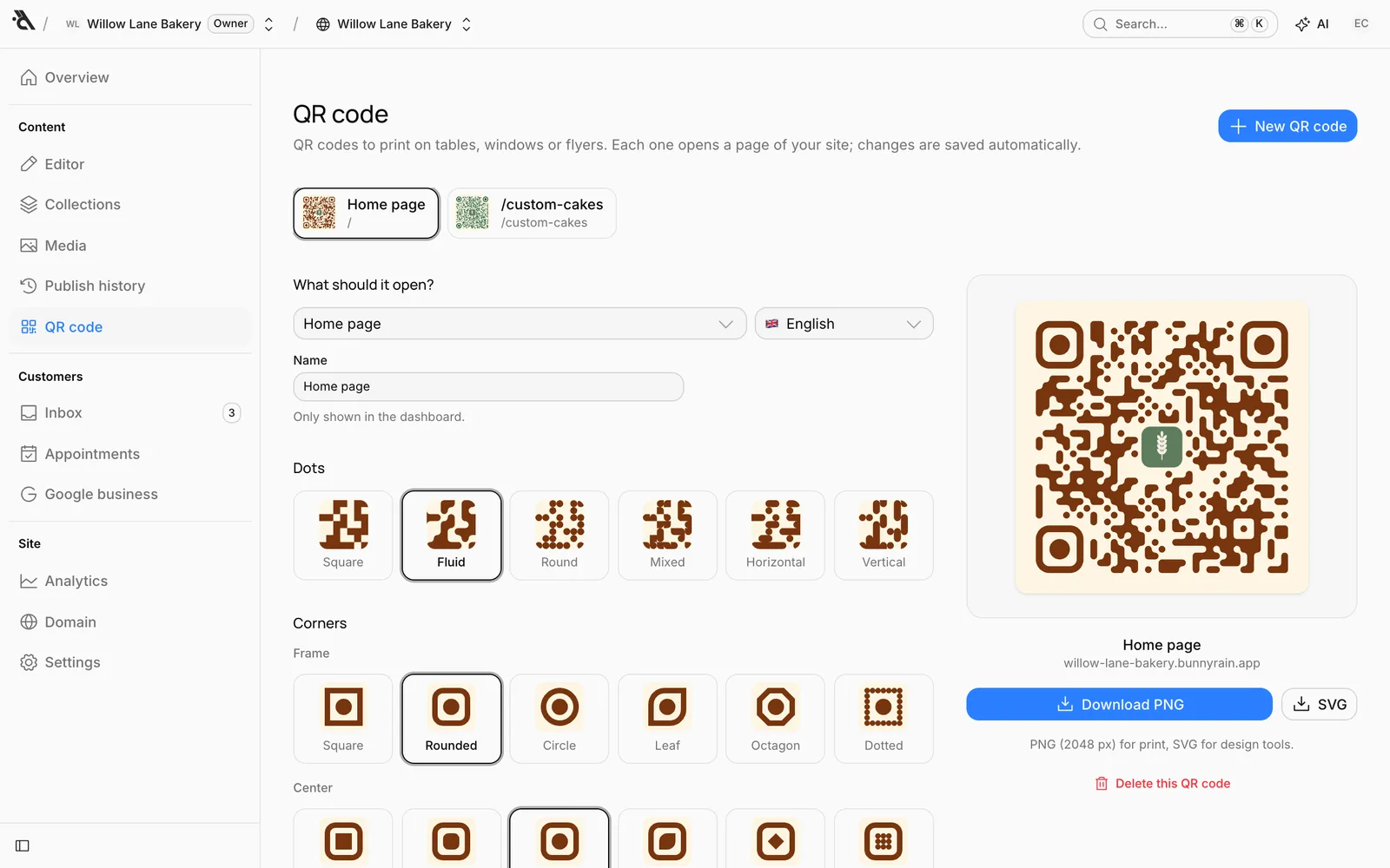 QR code screen: settings on the left, the code and download buttons on the right