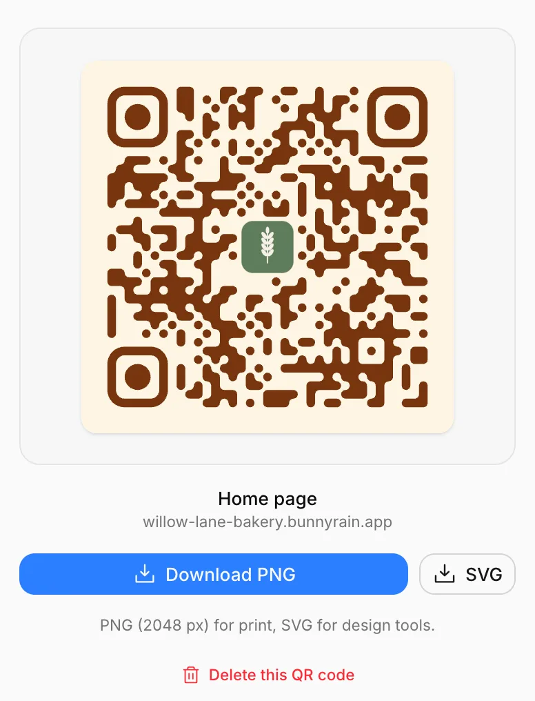 A designed code: fluid dots, rounded corners, brown dots, cream background and a logo in the middle