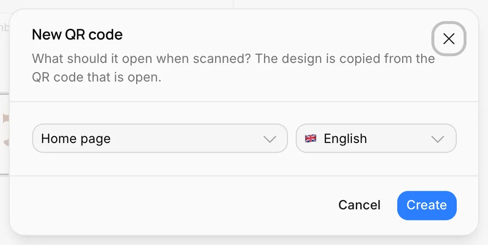 New QR code dialog: what should it open and language
