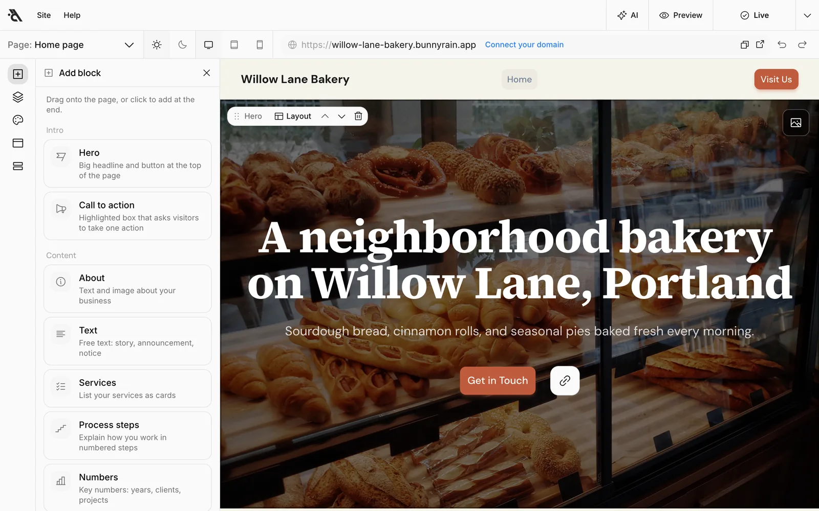 The Add block panel: the Intro and Content categories