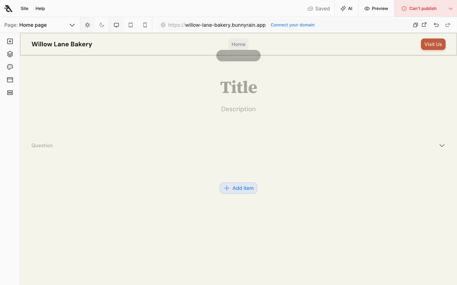 A newly added FAQ block: empty title and question fields