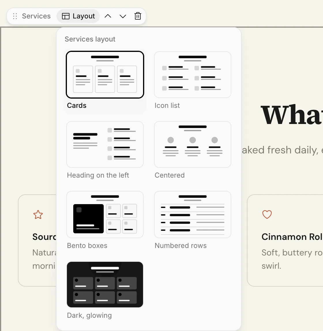 Layout options for the Services block