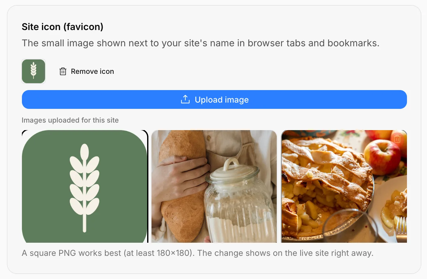 The Site icon card: the chosen icon, Remove icon and uploaded images