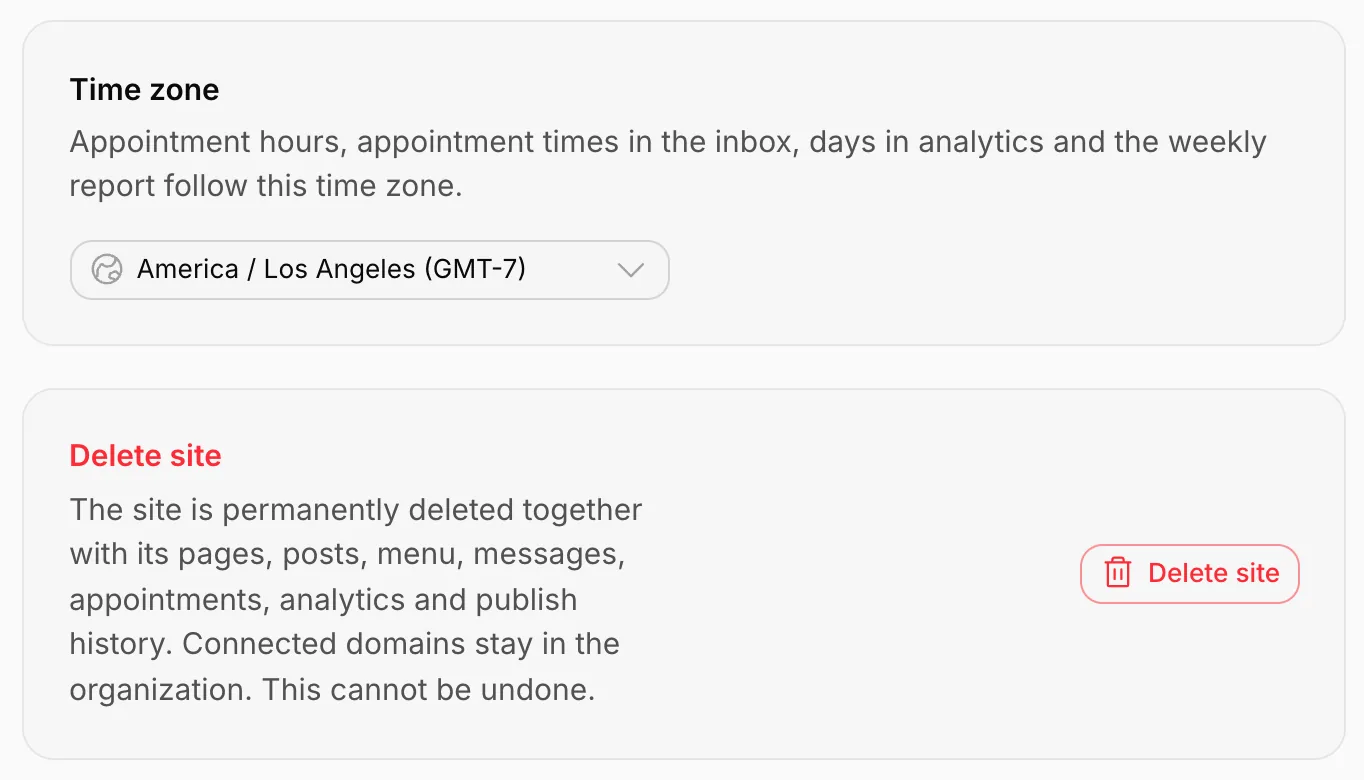 The Time zone card and the Delete site section
