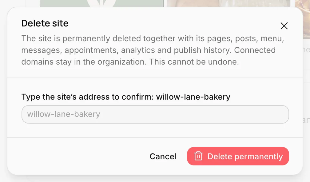 The Delete site confirmation window