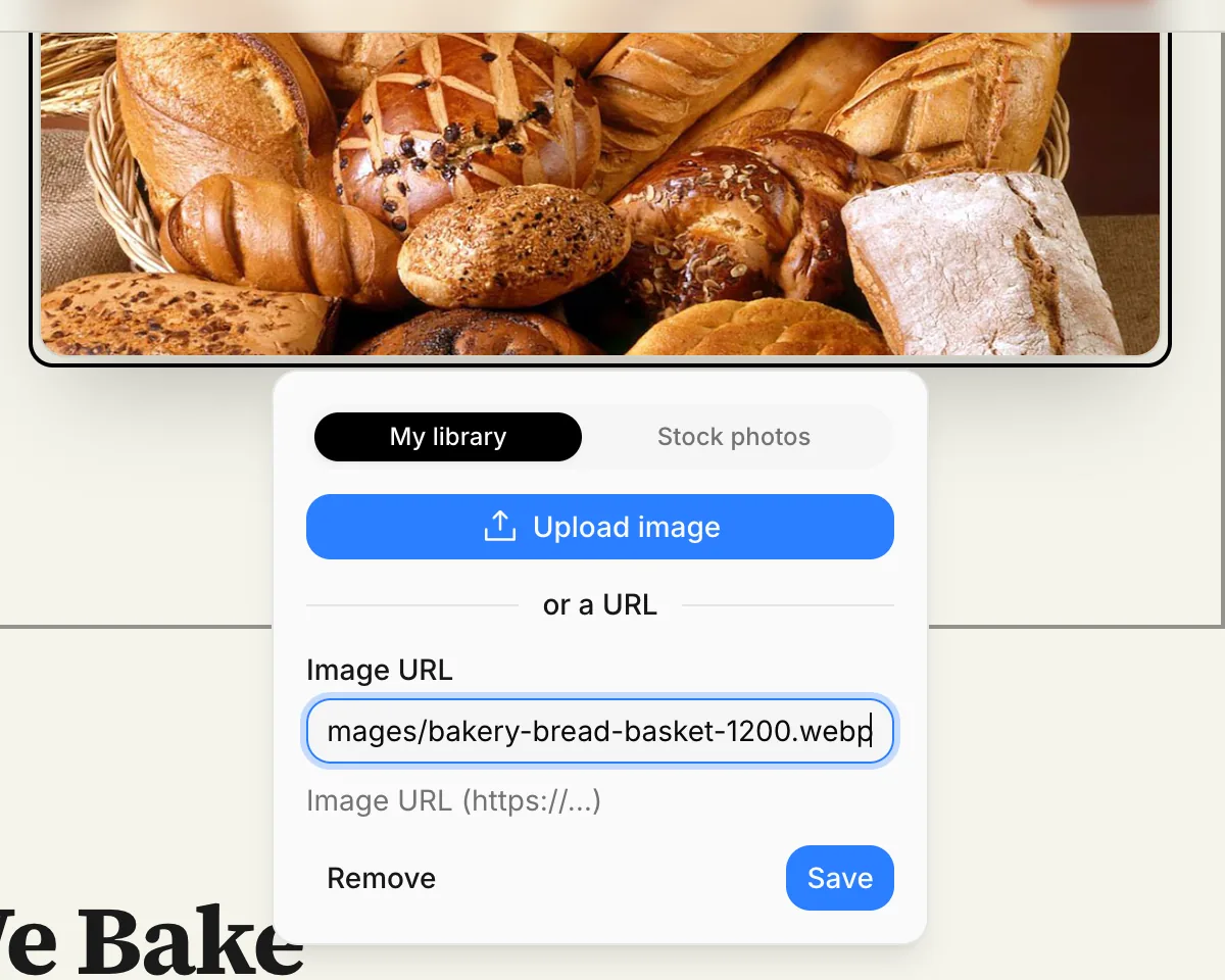 The image window: My library and Stock photos tabs, the Upload image button, the Image URL field