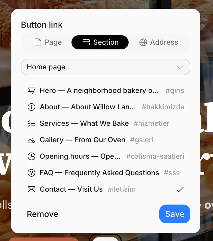 The Button link window: the Section tab lists the home page's blocks