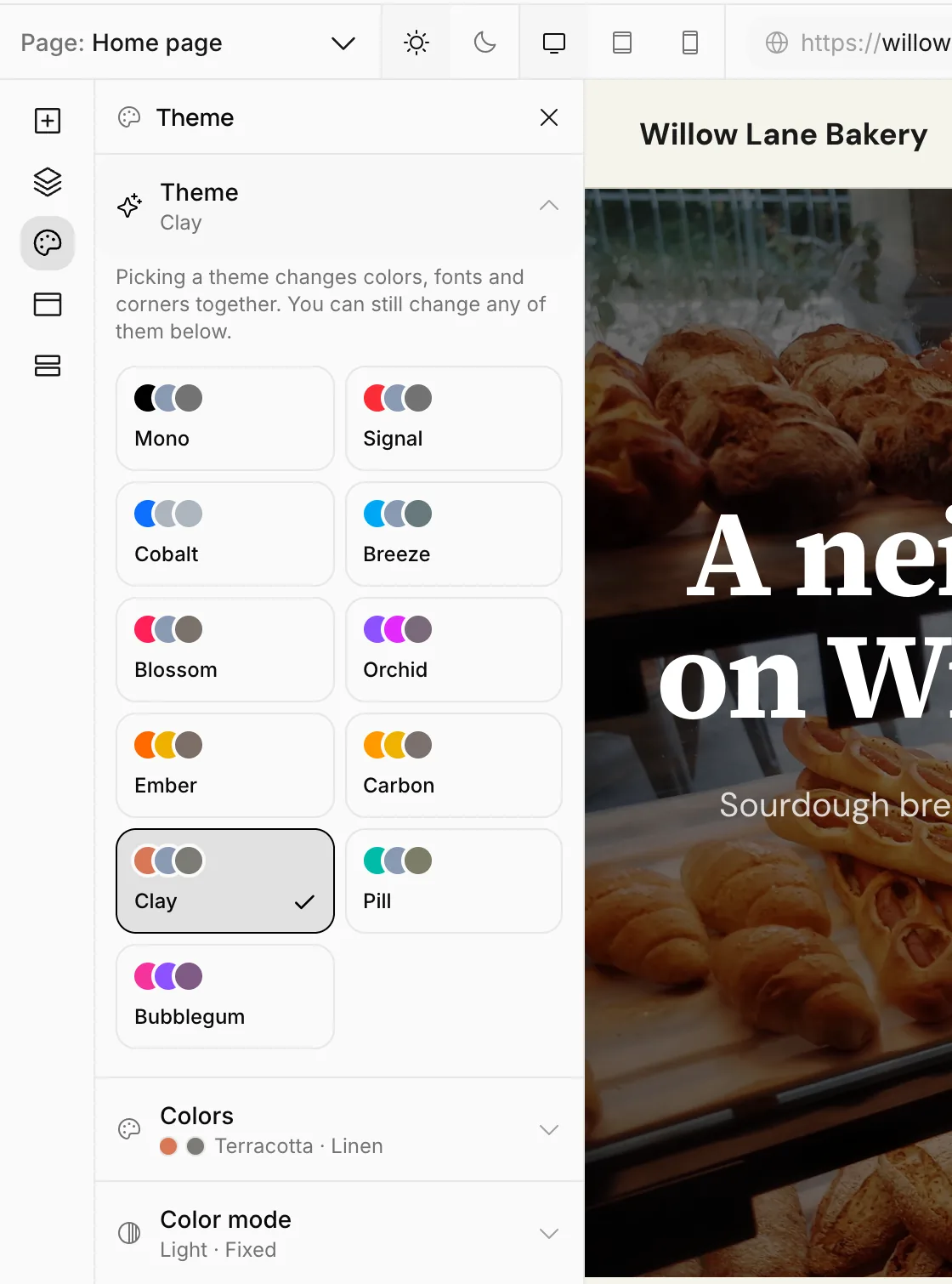 Ready-made themes: Mono, Signal, Cobalt, Breeze, Blossom, Orchid, Ember, Carbon, Clay, Pill, Bubblegum
