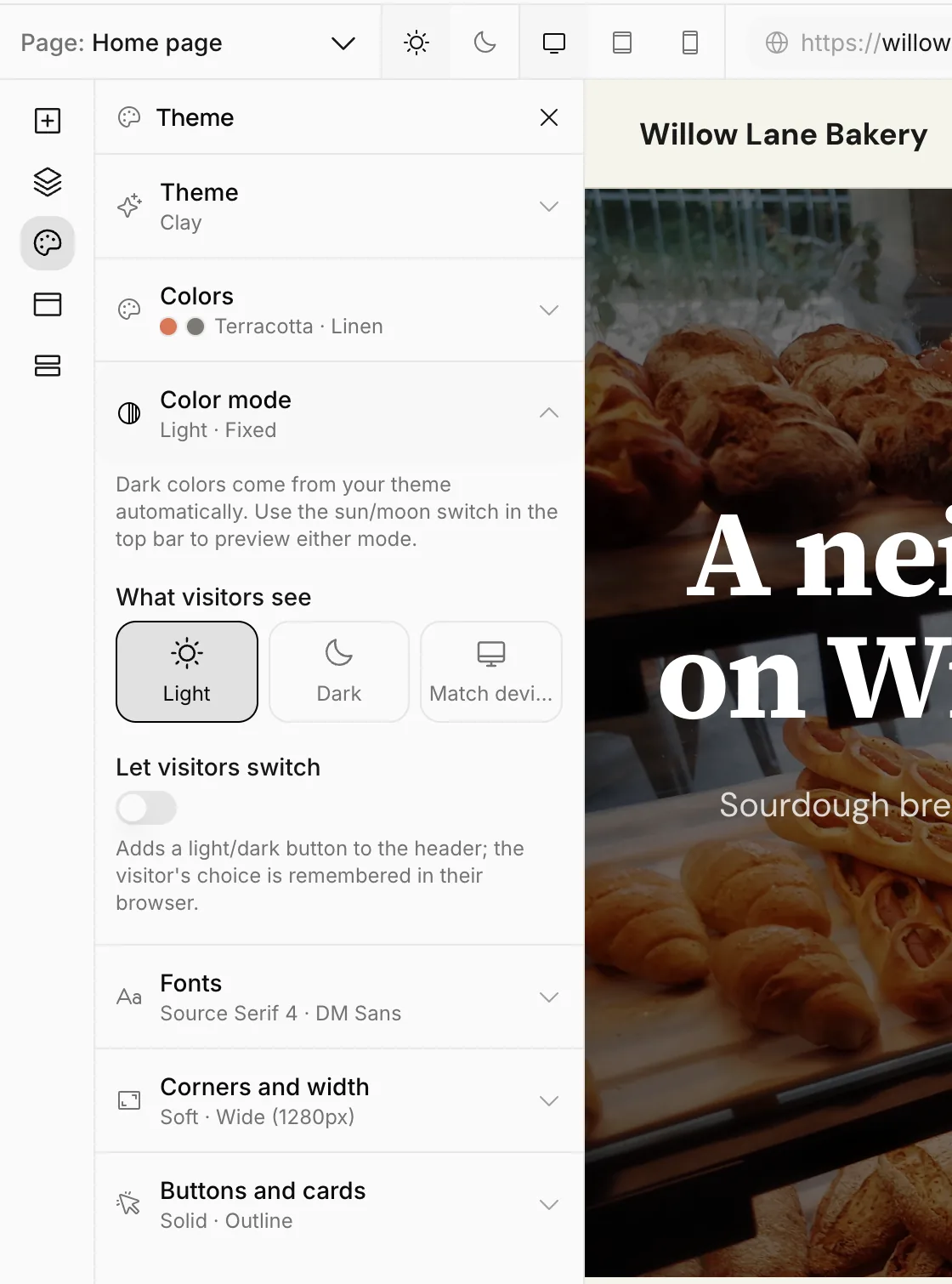 Color mode: What visitors see and Let visitors switch
