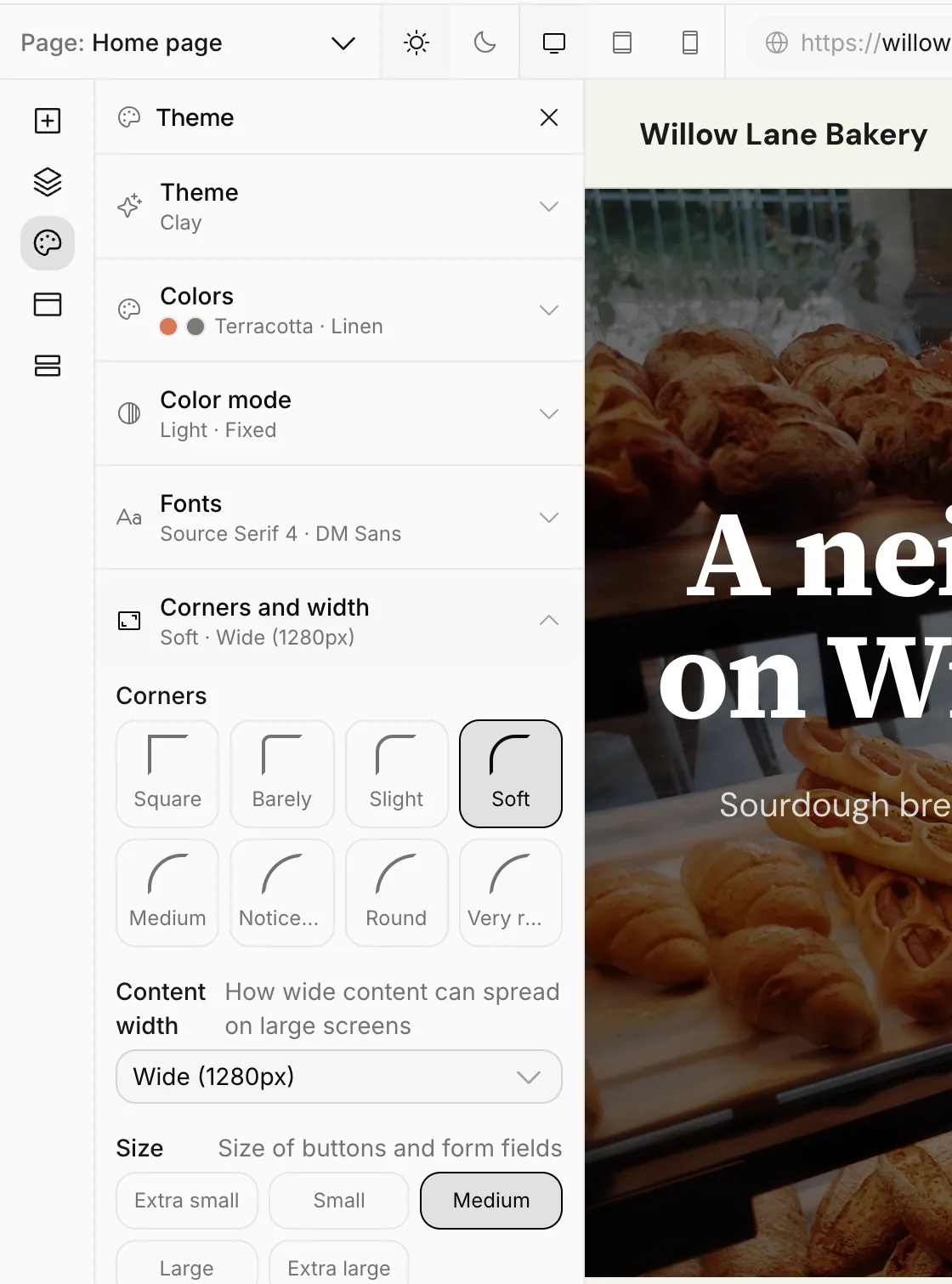 Corners and width: corner options, content width and size