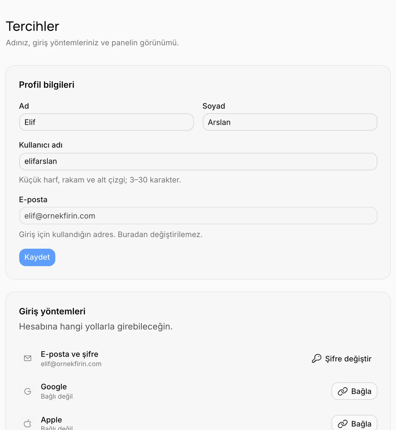 Tercihler: profil bilgileri ve giriş yöntemleri