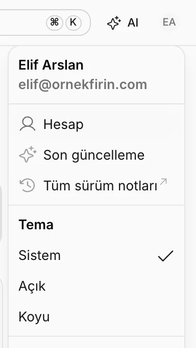 Profil menüsü: Hesap, Son güncelleme, Tüm sürüm notları ve Tema