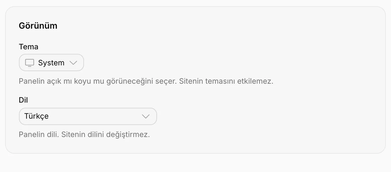 Görünüm: Tema ve Dil seçimi