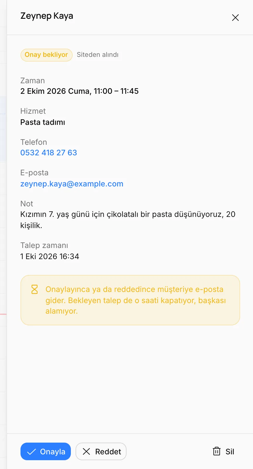 Randevu ayrıntısı: Onayla ve Reddet düğmeleri