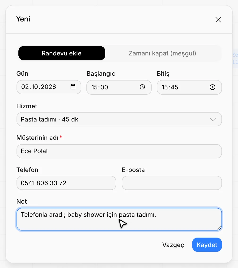 Randevu ekle penceresi