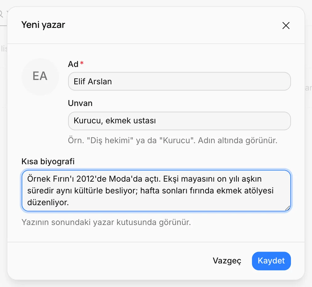 Yeni yazar penceresi