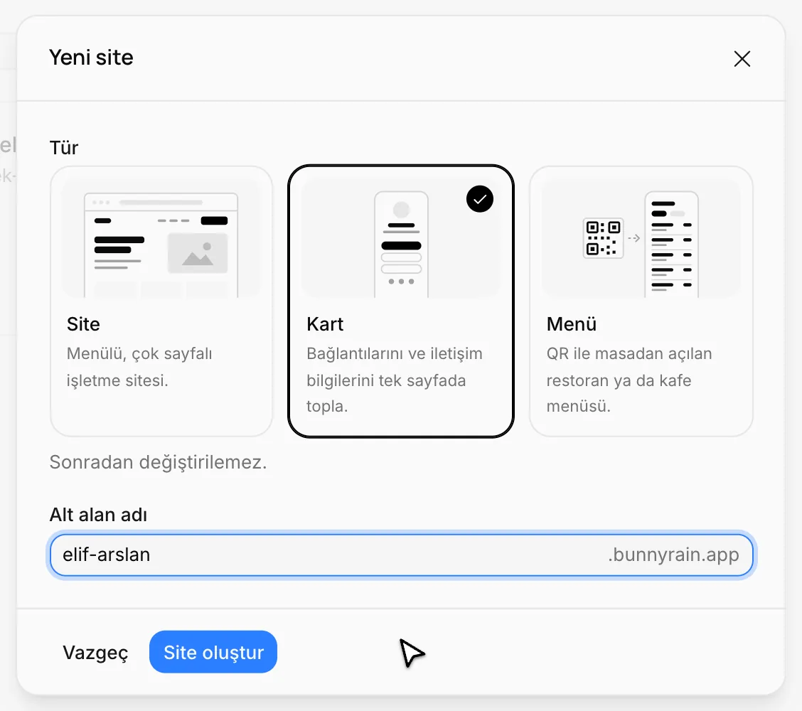 Yeni site penceresi: Kart türü seçili