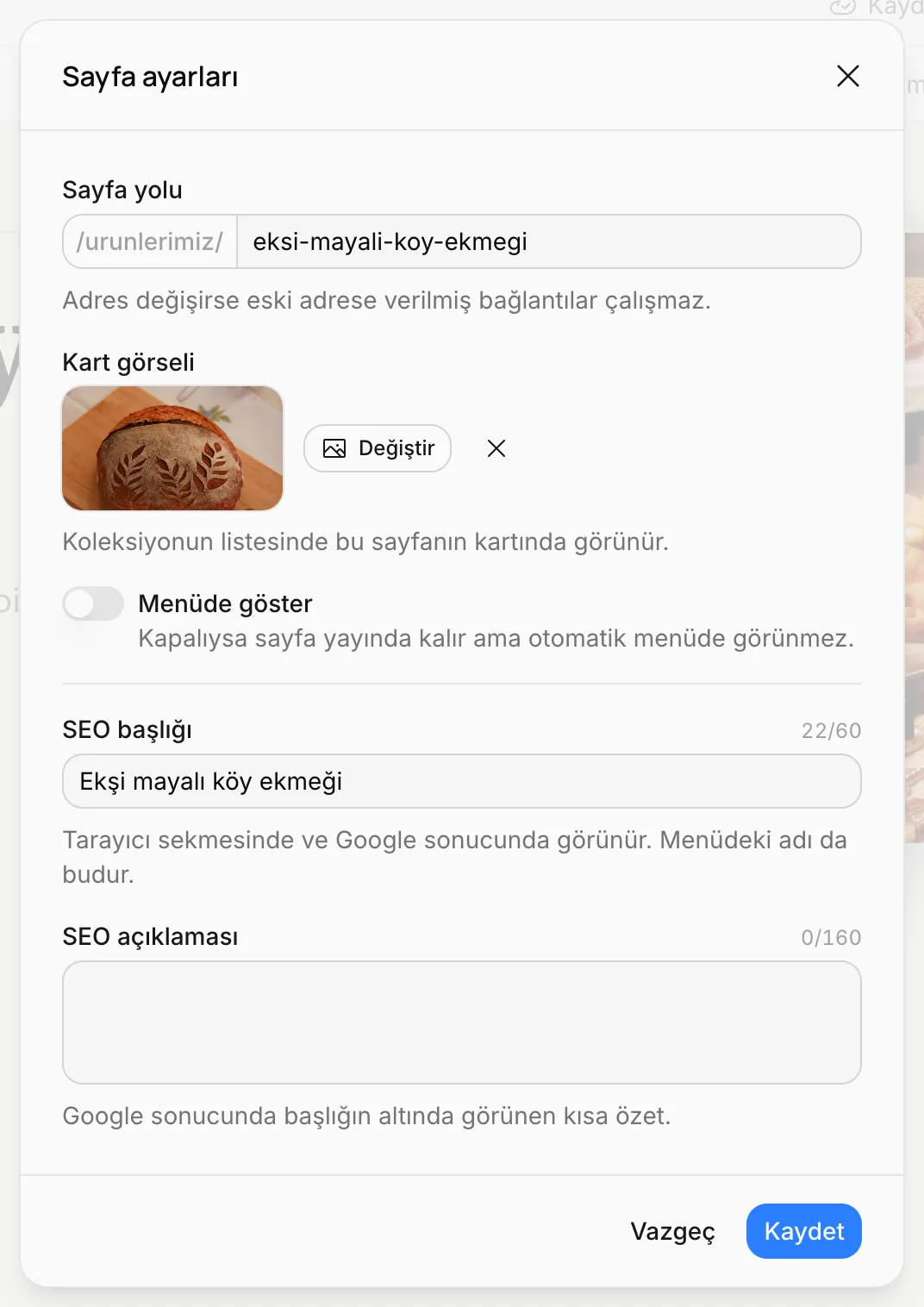 Koleksiyon sayfasının ayarları: Sayfa yolu, Kart görseli, SEO başlığı ve açıklaması