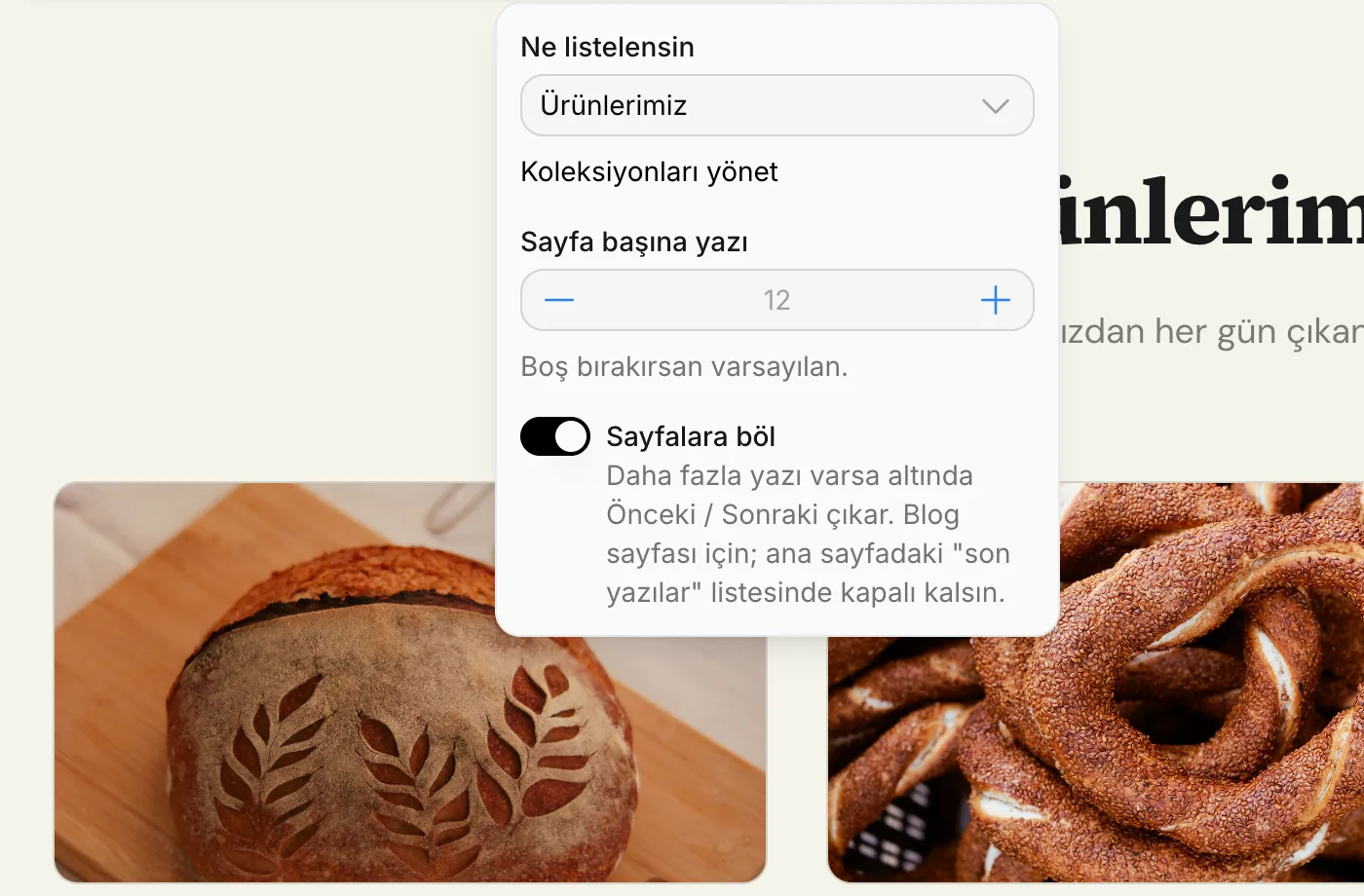 Liste bloğunun ayarları: Ne listelensin, Sayfa başına yazı, Sayfalara böl