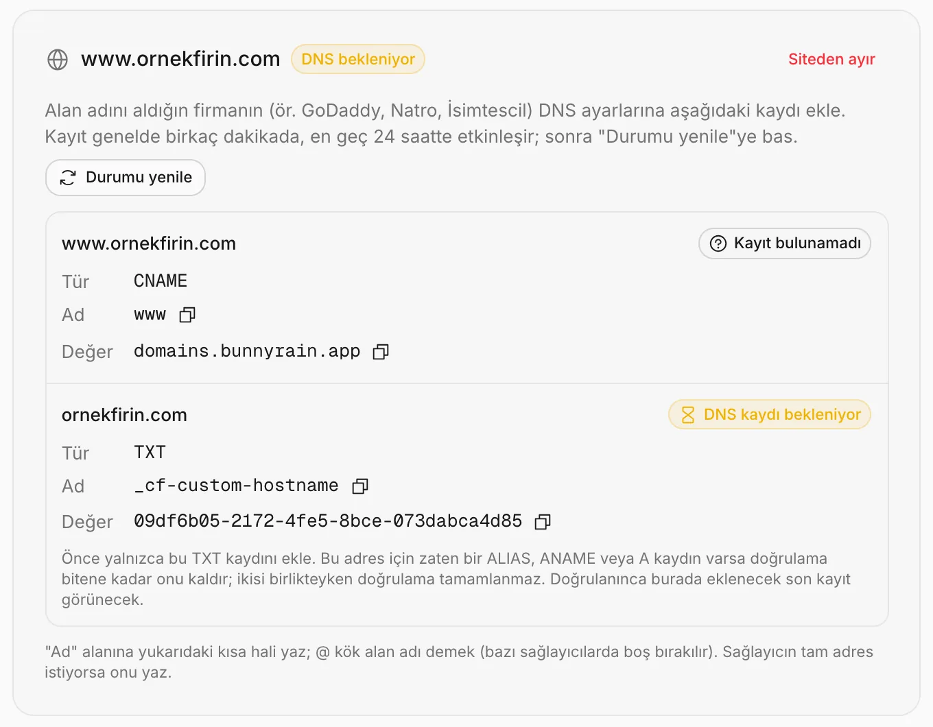 DNS kayıtları: www için CNAME, kök ad için TXT