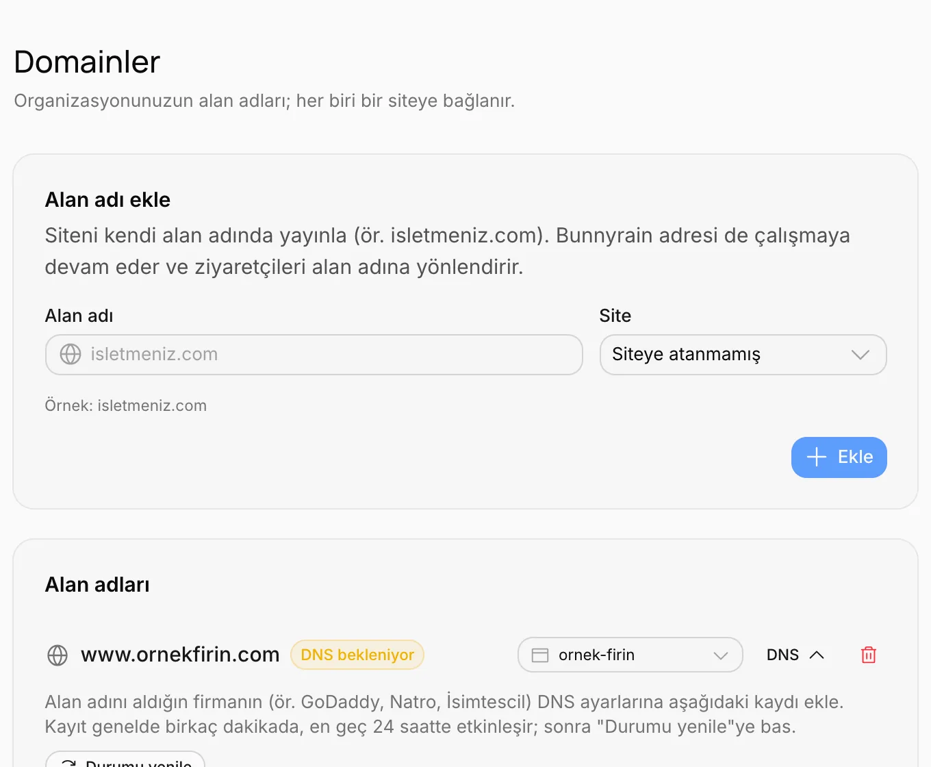 Domainler ekranı: Alan adı ekle ve alan adları listesi