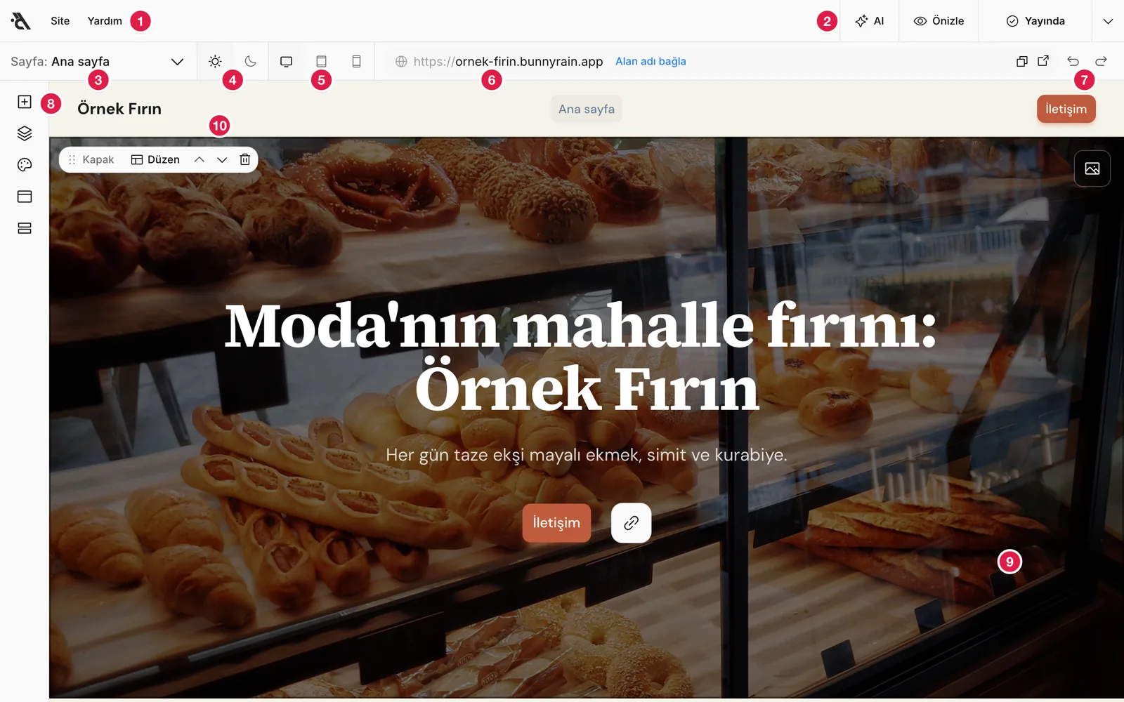 Editör ekranı, numaralı parçalarıyla