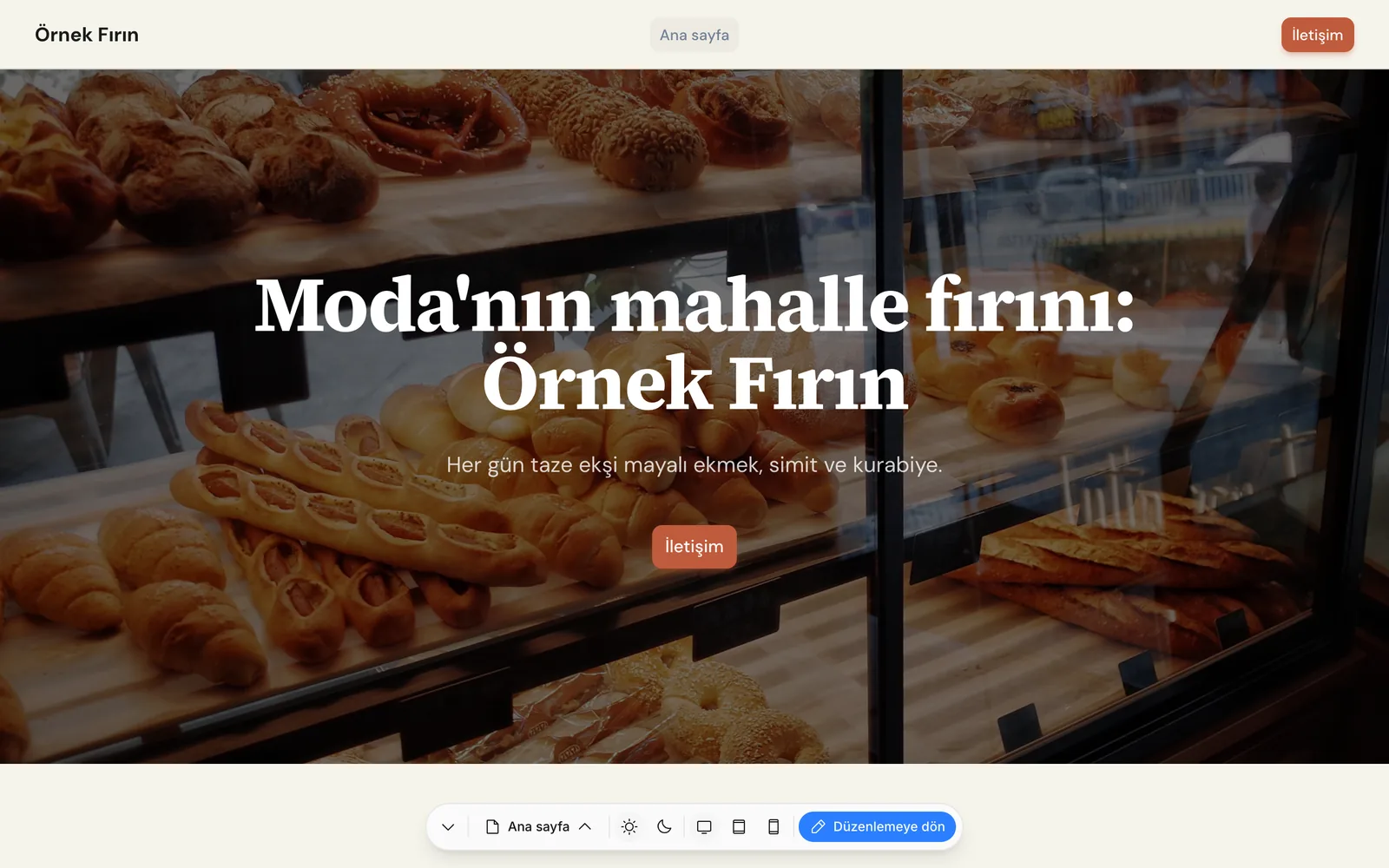 Önizleme: site tam ekran, altta yüzen denetim çubuğu