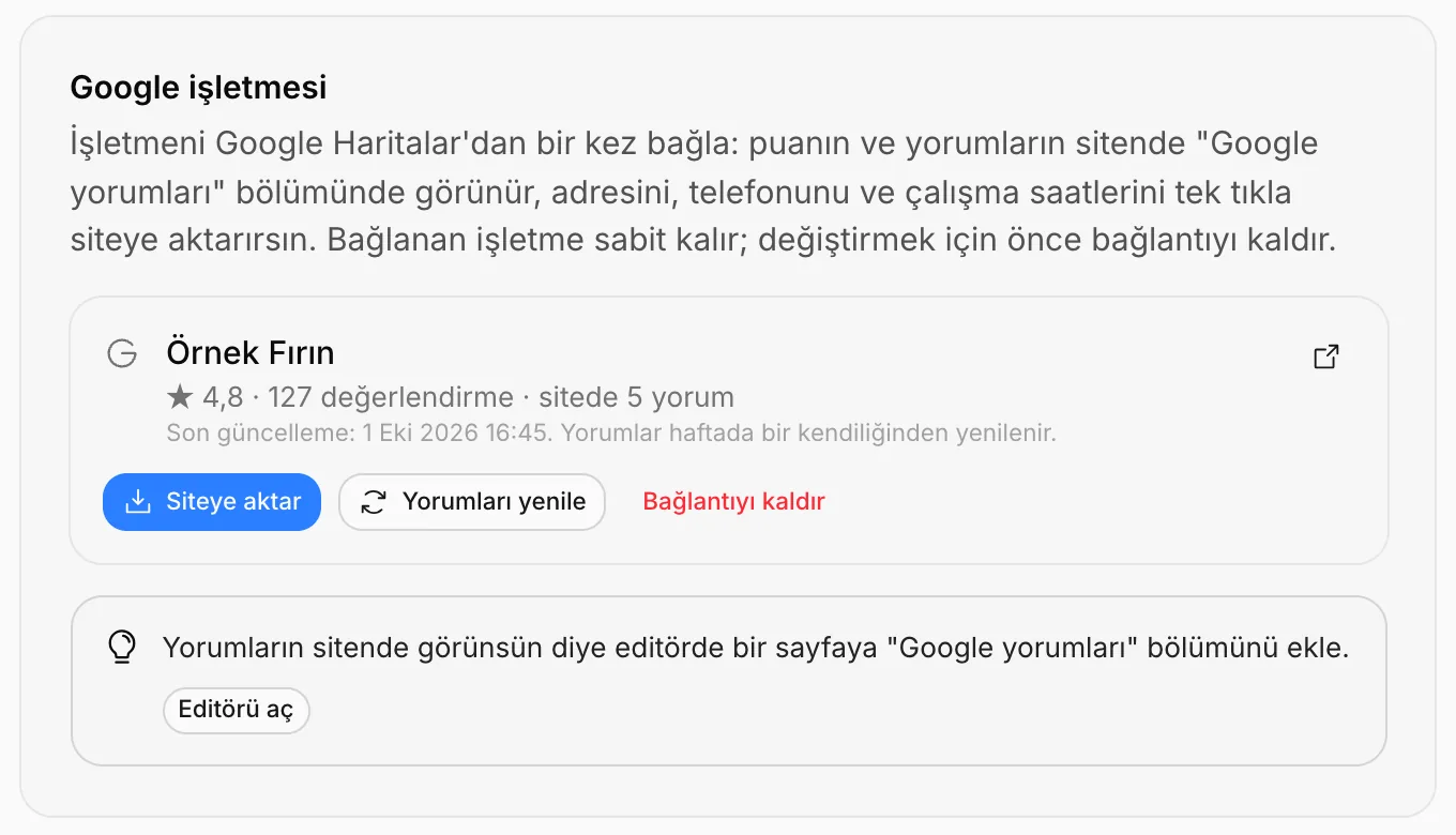 Bağlı işletme: puan, değerlendirme sayısı, Siteye aktar, Yorumları yenile ve Bağlantıyı kaldır