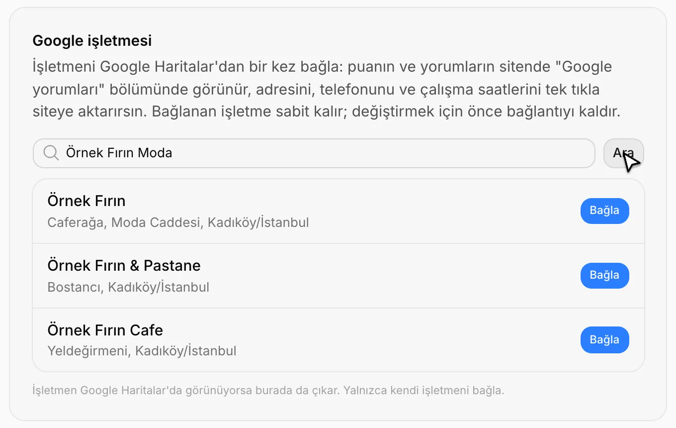 Arama sonuçları ve Bağla düğmeleri